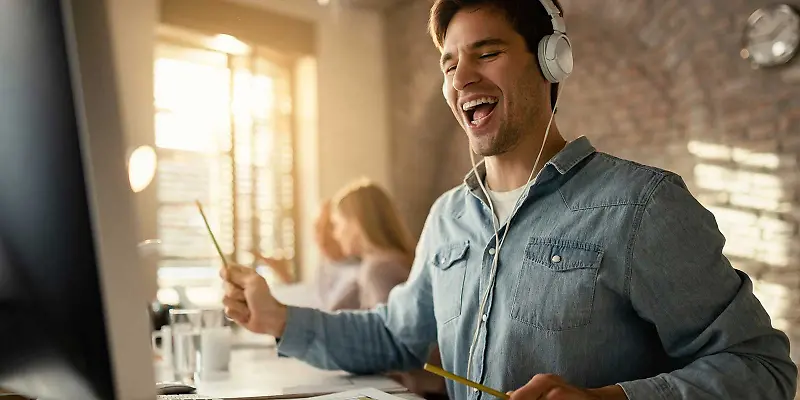 Mann hört bei der Arbeit Musik